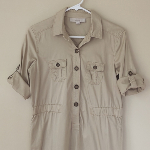 Ann Taylor Loft Khaki Safari Button Tab Sleeve Collared Dress SP Tan Pockets - Picture 3 of 16